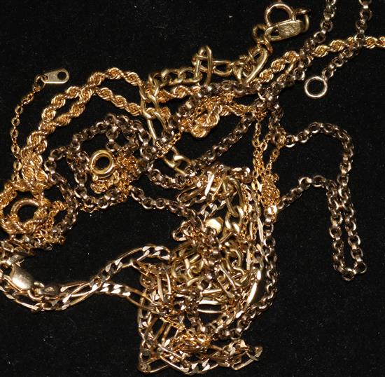 An 18ct gold ropetwist necklace, a 9ct gold necklace and bracelet and two other chains.